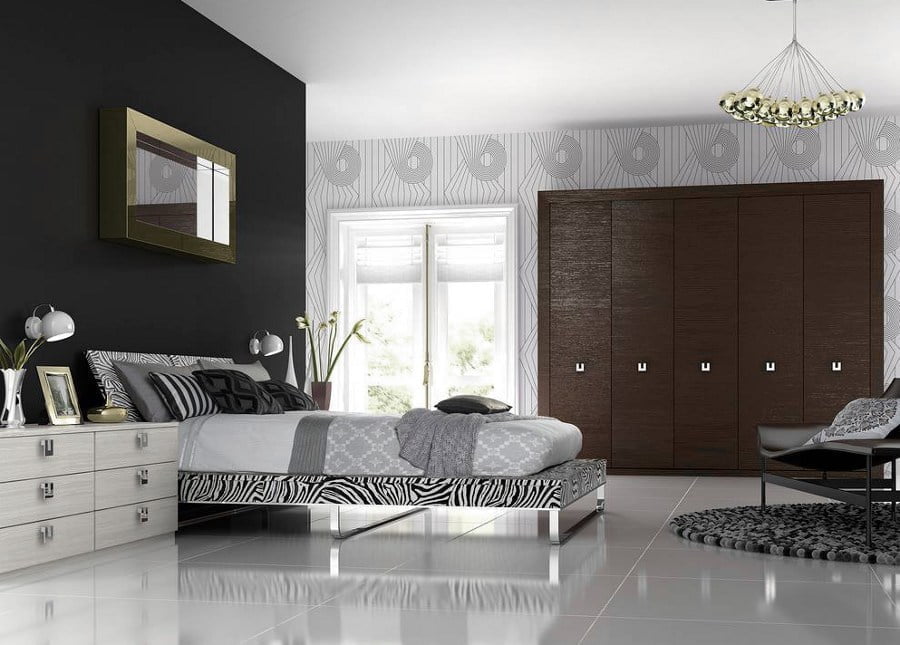 Black and White Bedroom with Brown Shelves