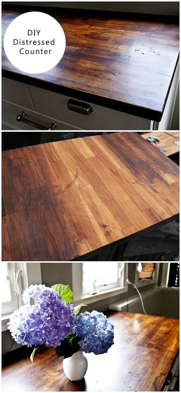 20 Easy Countertop DIY Tutorials to Revamp Your Kitchen - Check out the tutorial on how to make a  distressed wood kitchen countertop. Looks easy enough!  