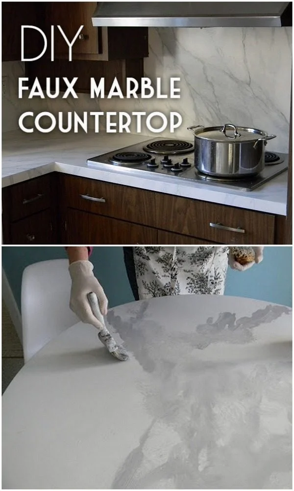 20 Easy Countertop DIY Tutorials to Revamp Your Kitchen - Check out the tutorial on how to make a  faux marble kitchen countertop. Looks easy enough!  