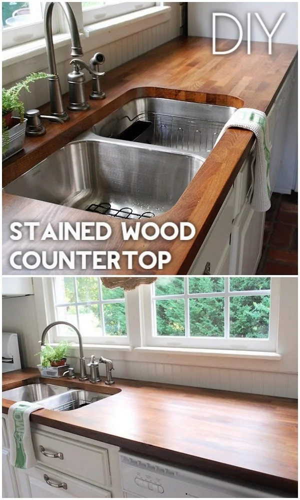 20 Easy Countertop DIY Tutorials to Revamp Your Kitchen - Check out the tutorial on how to make a  stained wood kitchen countertop. Looks easy enough!  