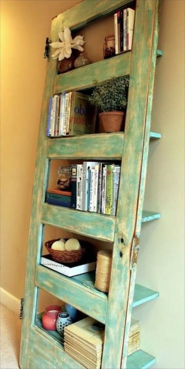 Turn an old door into a  shelving unit!  