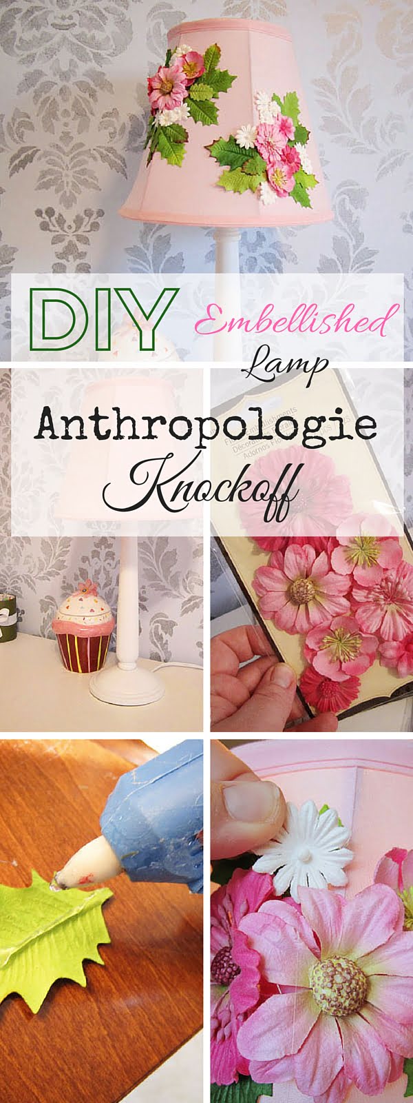Check out the tutorial:  Anthropologie Embellished Lamp Knockoff  