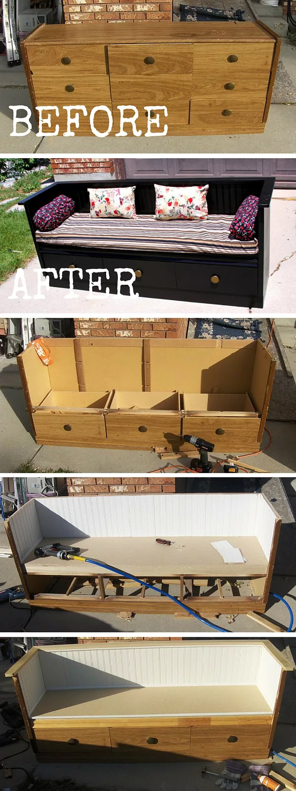 Check out the tutorial:  an Old Dresser to a Bench Transformation 