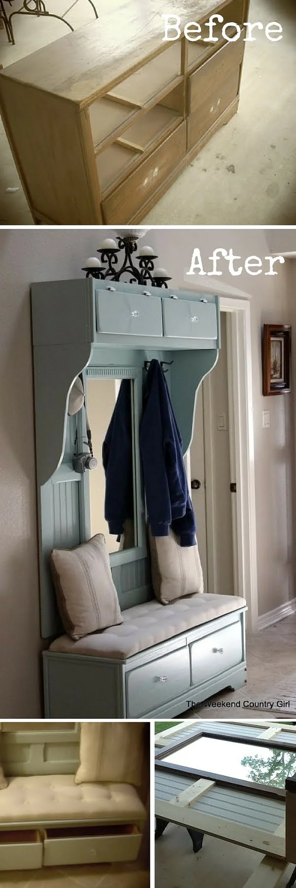 Check out the tutorial:  Turn a Dresser into a Mudroom Bench 