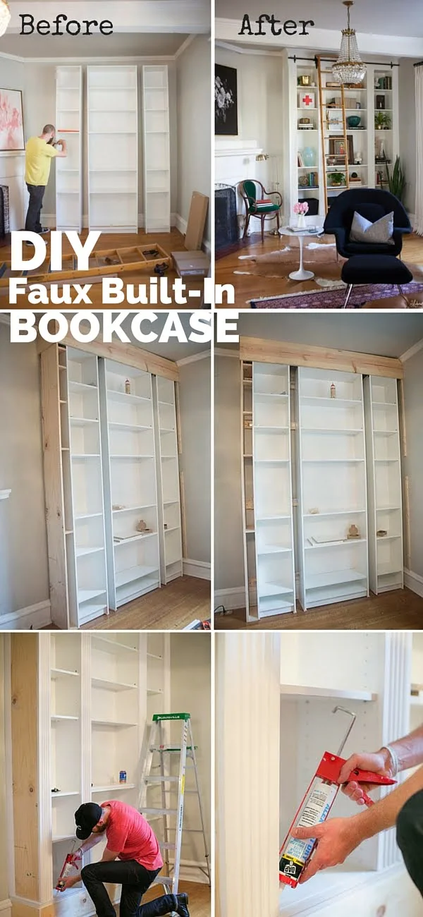 Check out the tutorial:  Faux Built-in Bookcase  