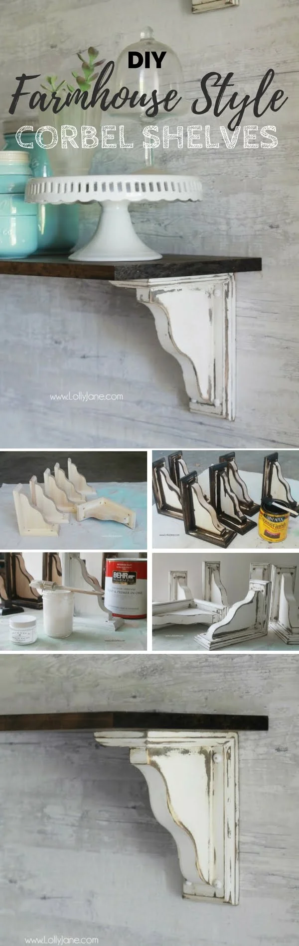 Check out the tutorial:  Farmhouse Style Corbel Shelves