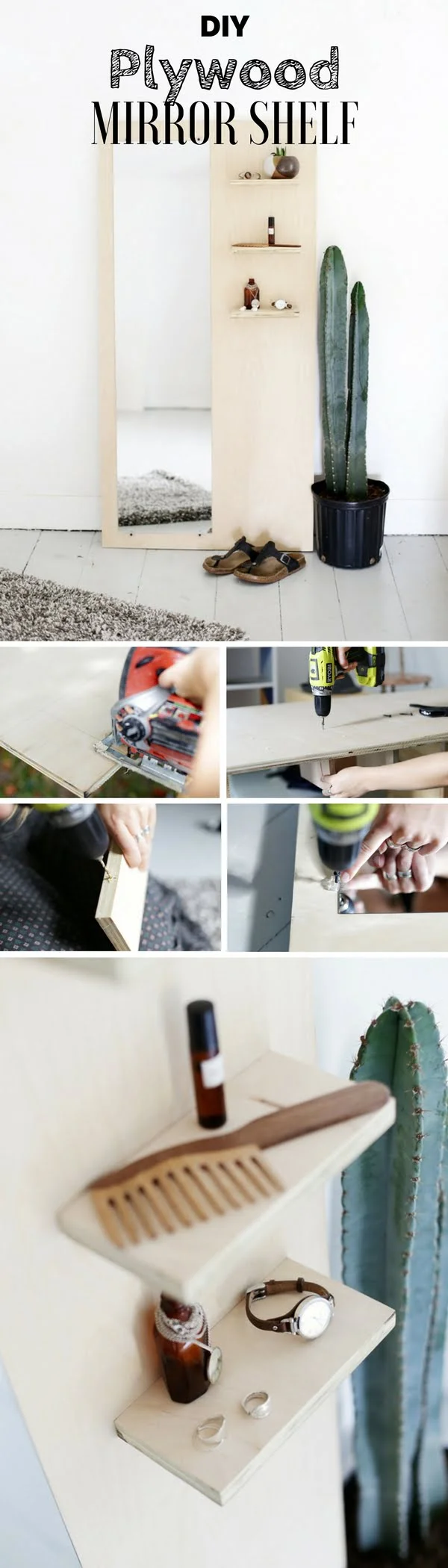 Check out the tutorial:  Plywood Mirror Shelf