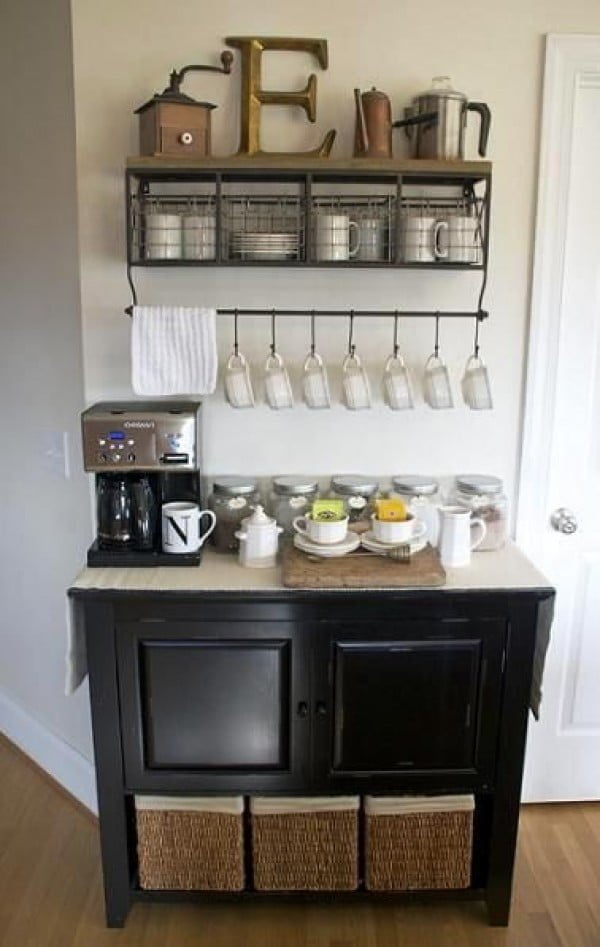 15 Simple DIY Ideas to Make the Best Coffee Station at Home - Brilliant idea for a DIY Coffee Bar with a hanging mug rack shelf