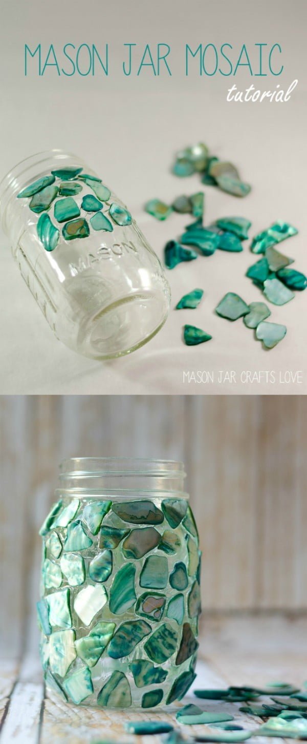 30 Stunning DIY Mosaic Craft Projects for Easy Home Decor - Check out how to make an adorable DIY mason jar mosaic 