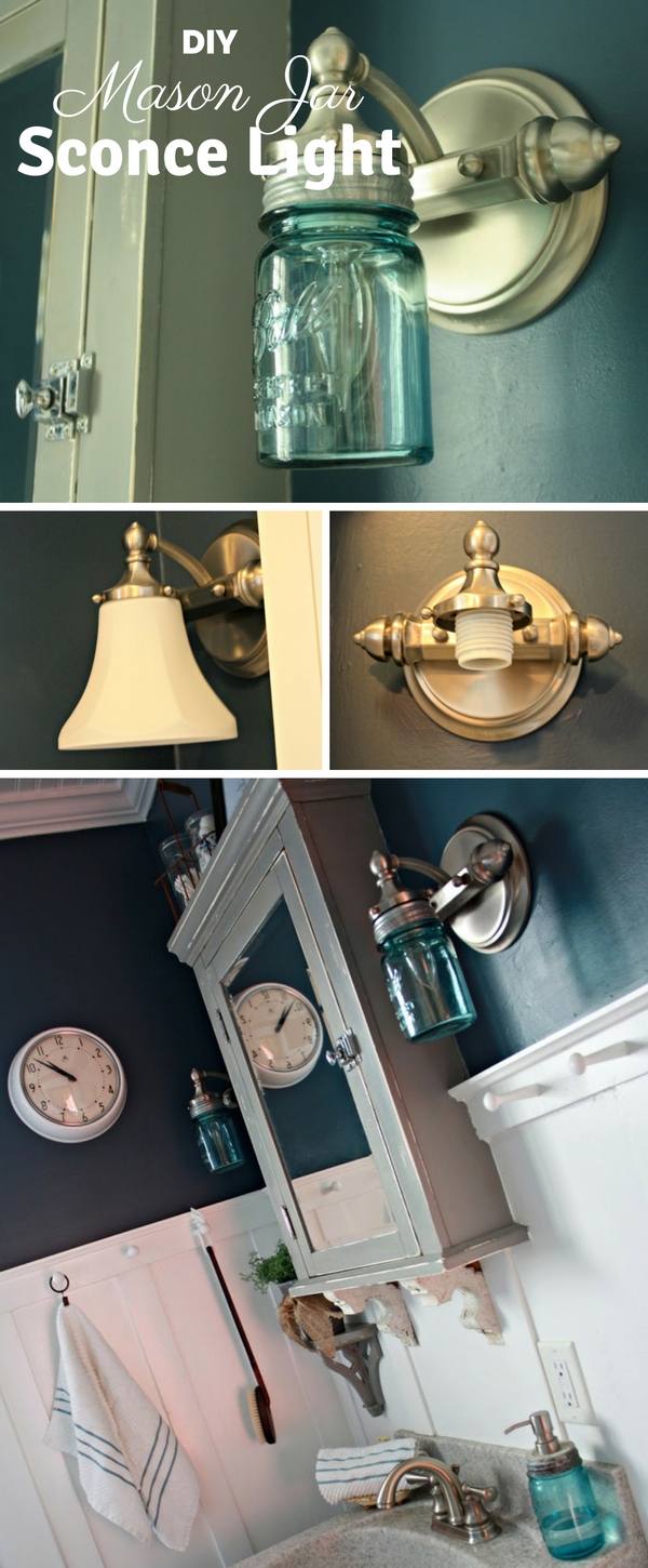#DIY Mason Jar Sconce Light for rustic bathroom decor #bathroomdecor