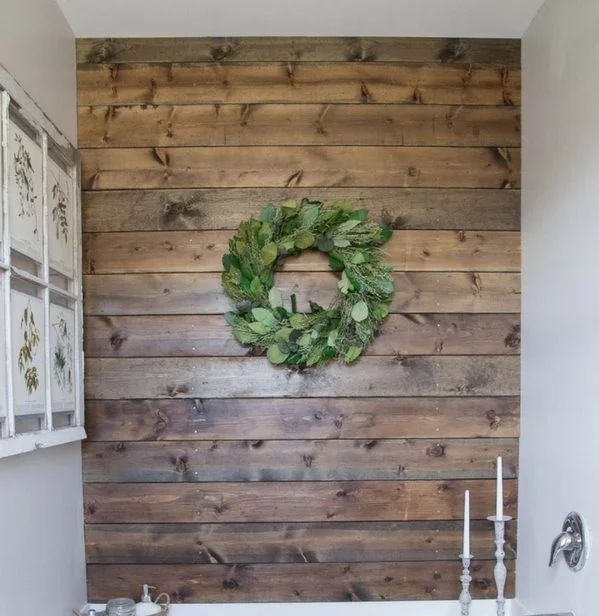 Plank Accent Wall for rustic bathroom decor