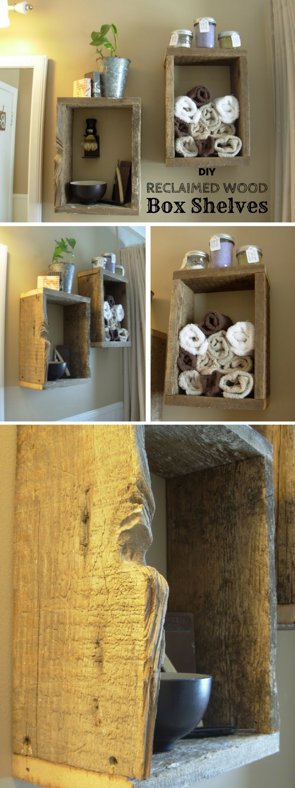 How to build  reclaimed wood box shelves for  bathroom    