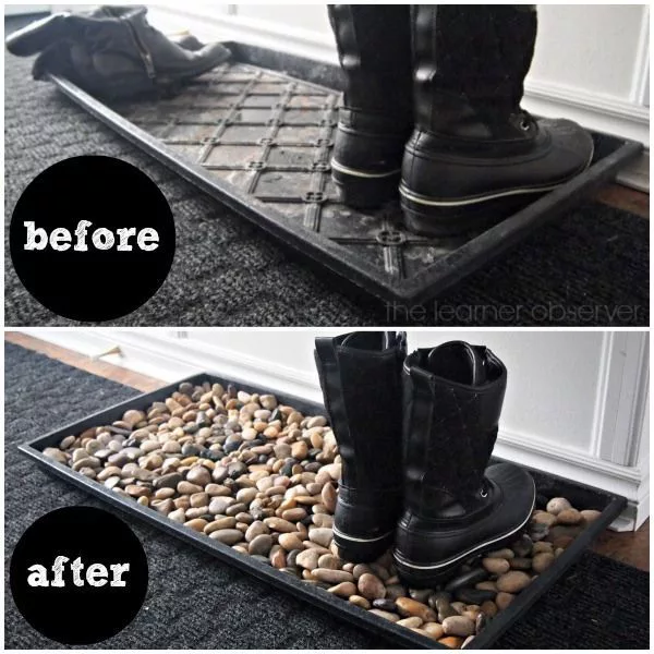 Easy to make DIY Mudroom Mat home decor with pebbles