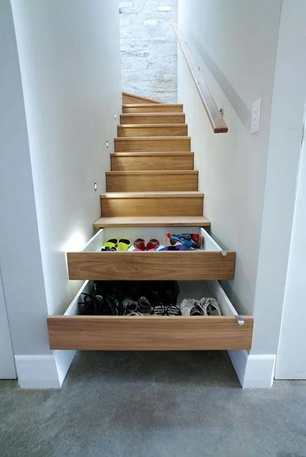 hidden shoe rack in the staircase