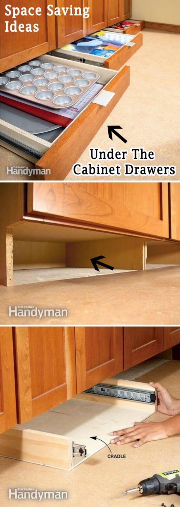 A clever idea to use the space under the cabinets for storage drawers