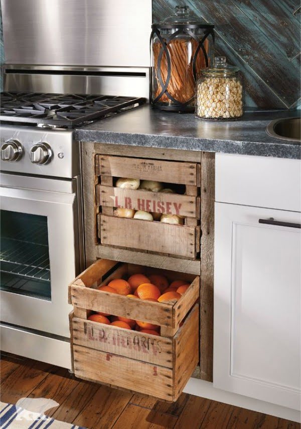 Love the vegetable storage idea using rustic crates in kitchen cabinets 
