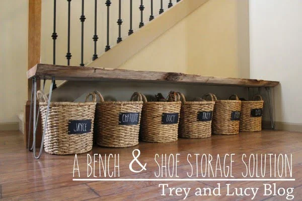 labelled baskets under the bench