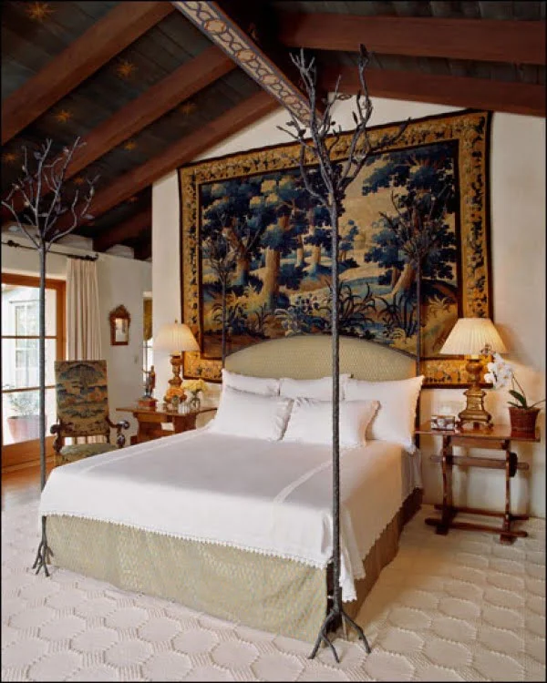 Love the elegance of these decorative tree bed posts and bedroom decor 