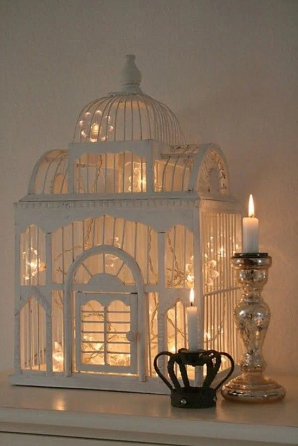 Lovely fairy light bird cage decoration for shabby chic bedroom decor 
