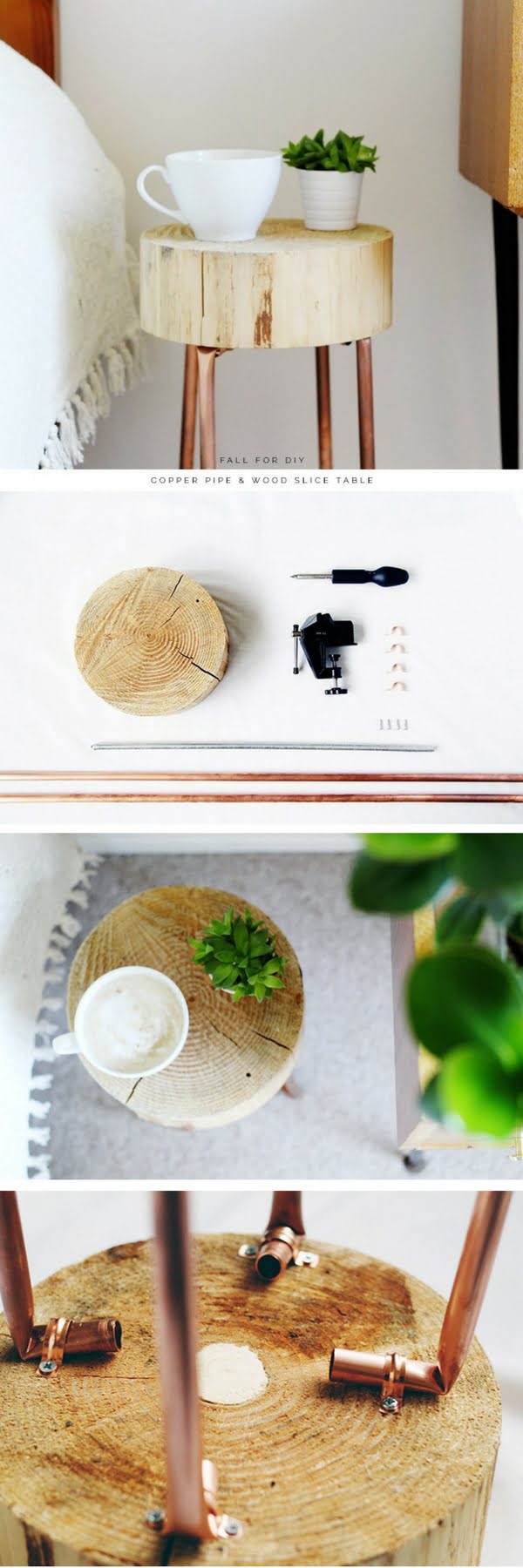16 Trendy DIY Ideas to Decorate with Copper - Check out the tutorial how to make an easy #DIY #wood slice and #copper pipe side table #homedecor #woodworking