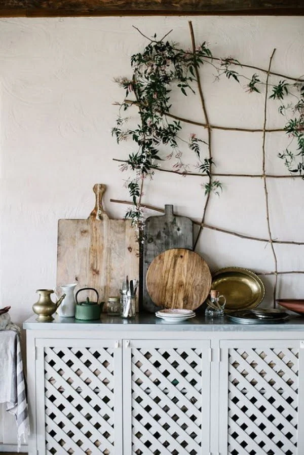 Love this simple rustic kitchen indoor vine trellis