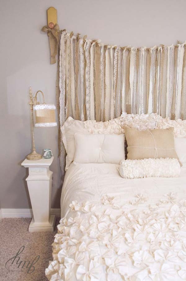 Great idea for a shabby chic headboard using scrap cloth