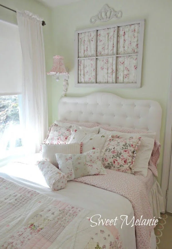 Great idea for shabby chic bedroom decor using an old window frame for wall art 