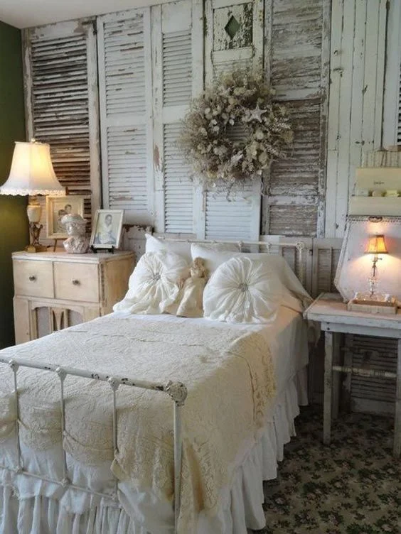 Love the idea for shabby chic bedroom decor with old shutters 