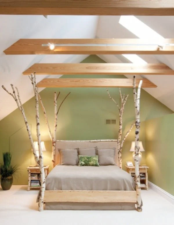 Love the use of birch tree branches in modern bedroom design 