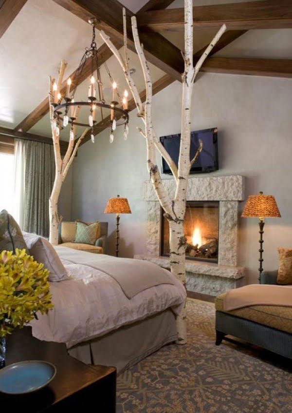 Love the idea of birch tree trunks used as bed end posts. Great rustic design 