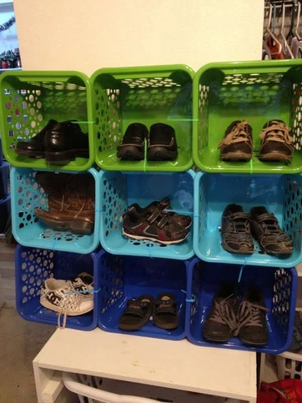 Dollar Store baskets for shoe storage