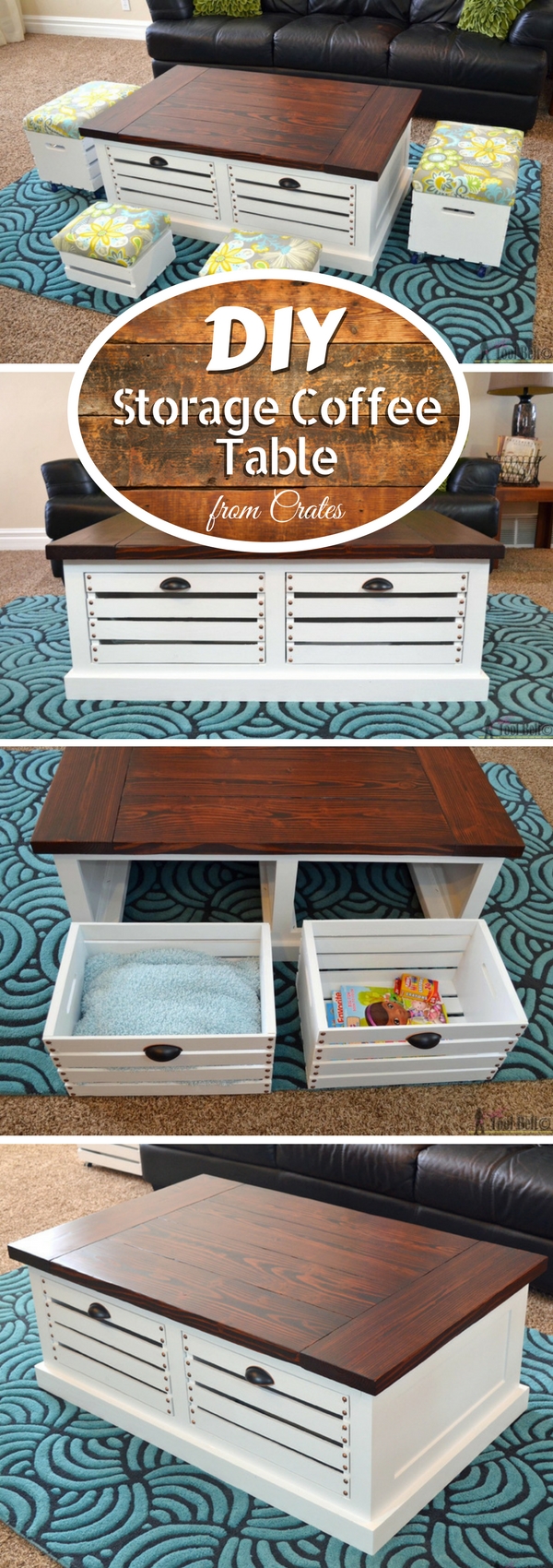 Check out how to build this easy DIY storage coffee table with stools from crates