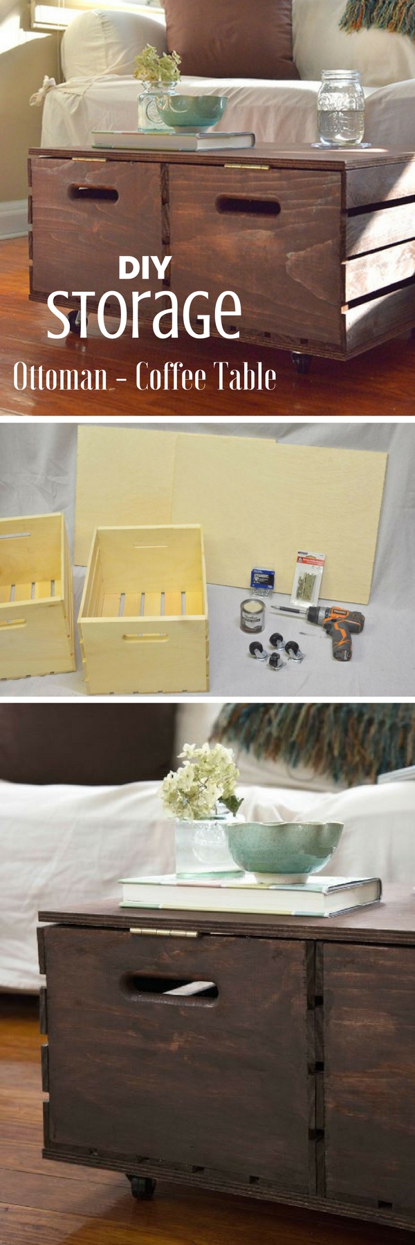 Check out how to build your own DIY coffee table or ottoman from a crate