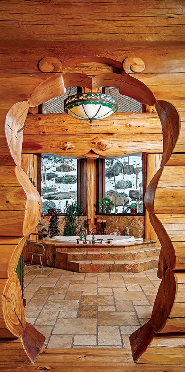 Fantastic shaped doorway in a log house 