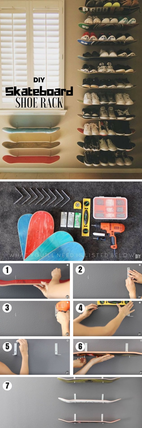 Check out how to build a DIY shoe rack from old skateboards