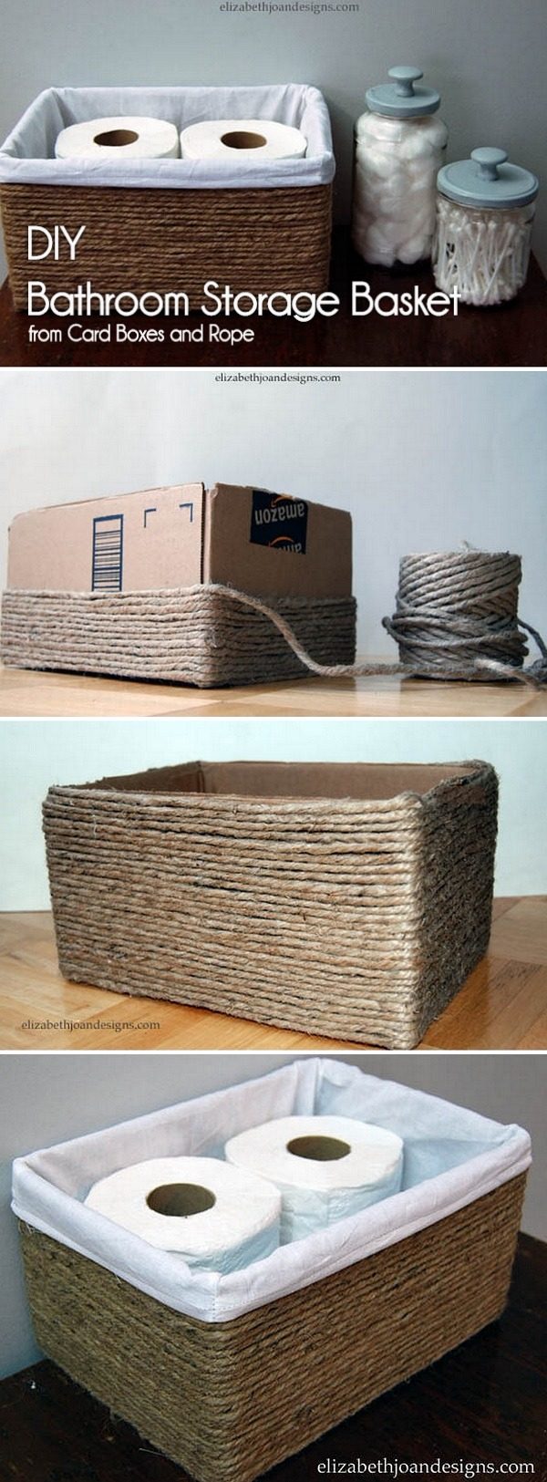 Check out the tutorial on how to make a #DIY rustic storage basket from a carton box and rope #RusticDecor #BathroomIdeas #HomeDecorIdeas #Storage