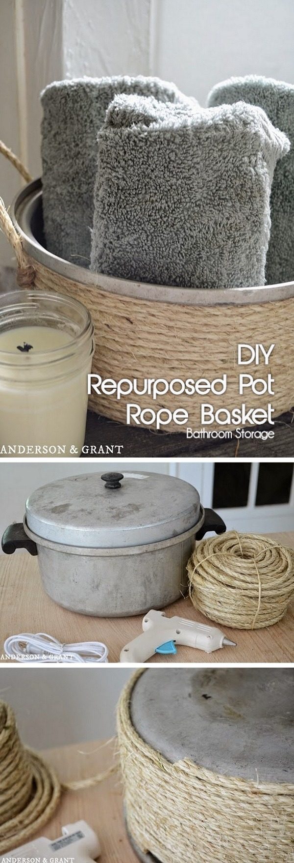 How to turn an old pot into a #DIY bathroom storage rope basket #RusticDecor #BathroomDecor #HomeDecorIdeas