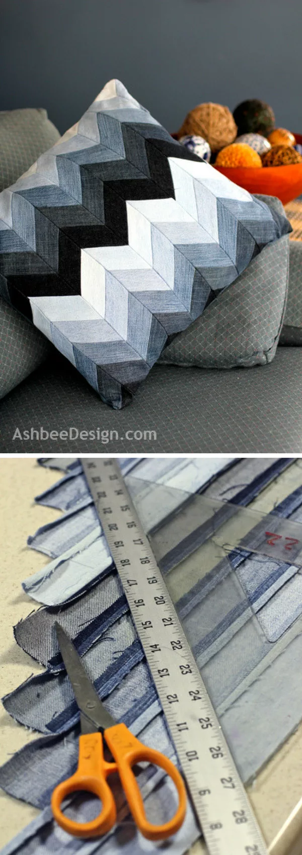 Check out how to make a decorative DIY chevron pillow from old jeans 