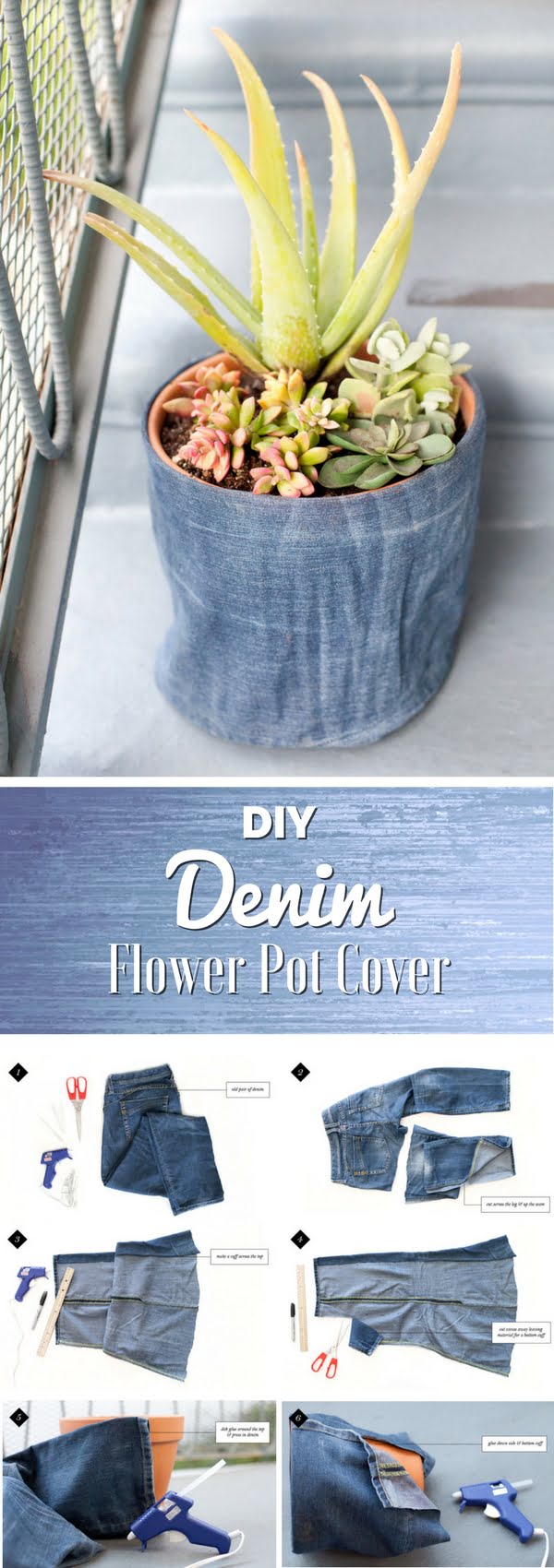 Check out the tutorial on how to make a DIY decorative flower pot cover from old jeans 