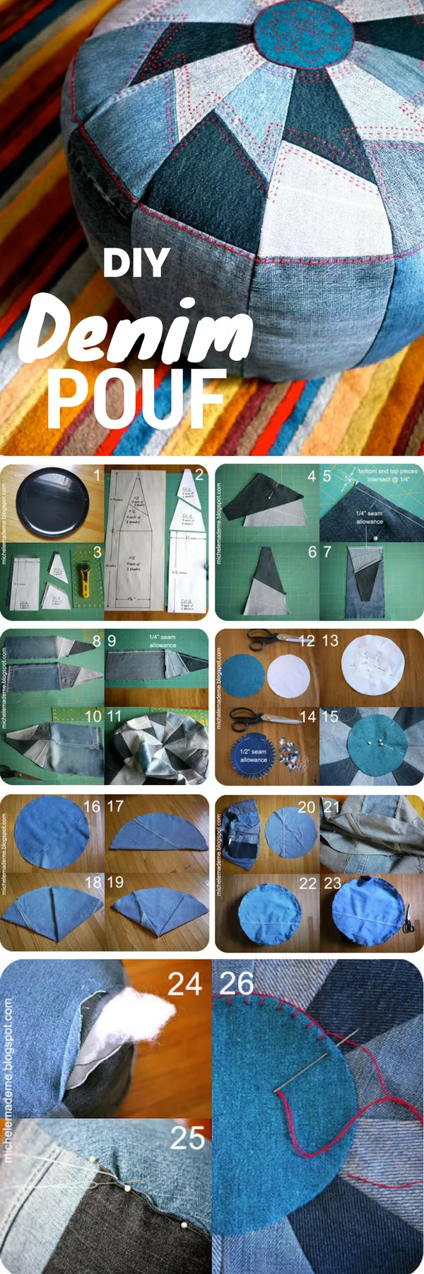 Check out the tutorial on how to make a DIY pouf from old jeans for home decor 