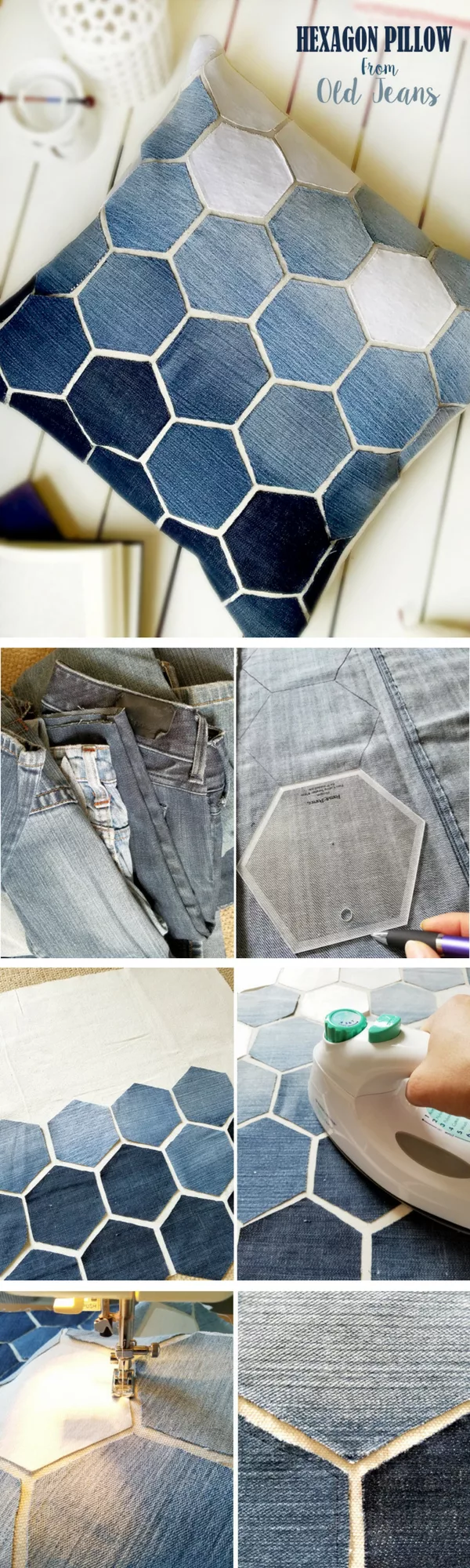 Check out how to make a DIY decorative hexagon pillow form old jeans 