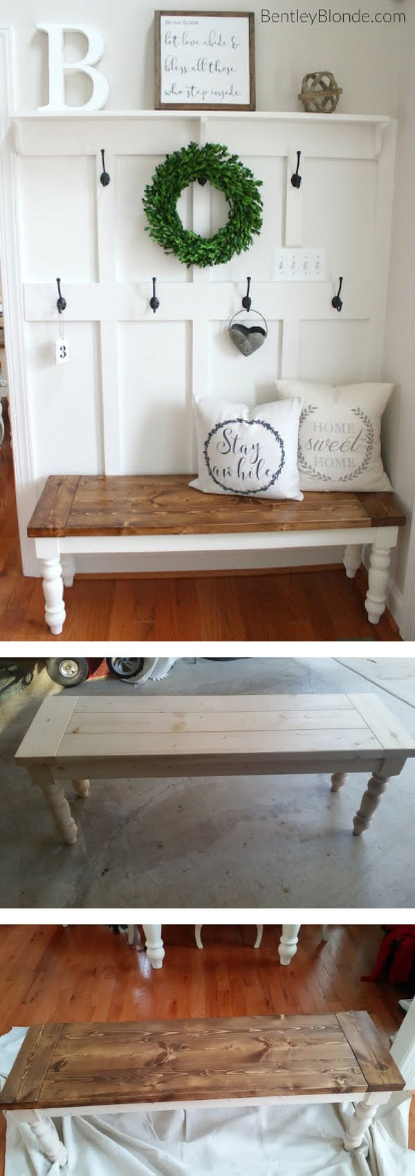 Check out the tutorial on how to make a DIY farmhouse bench