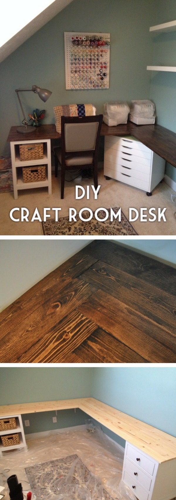 Check out the tutorial how to build an easy to assemble DIY craft room desk