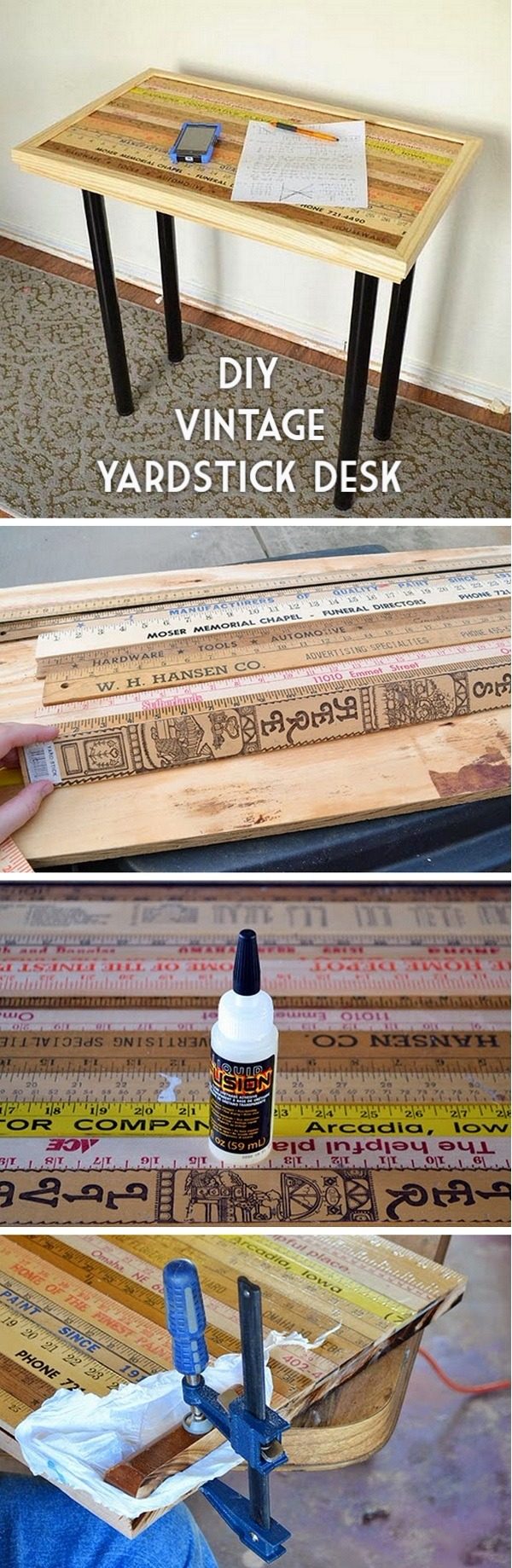Check out the tutorial how to build a DIY vintage yardstick desk
