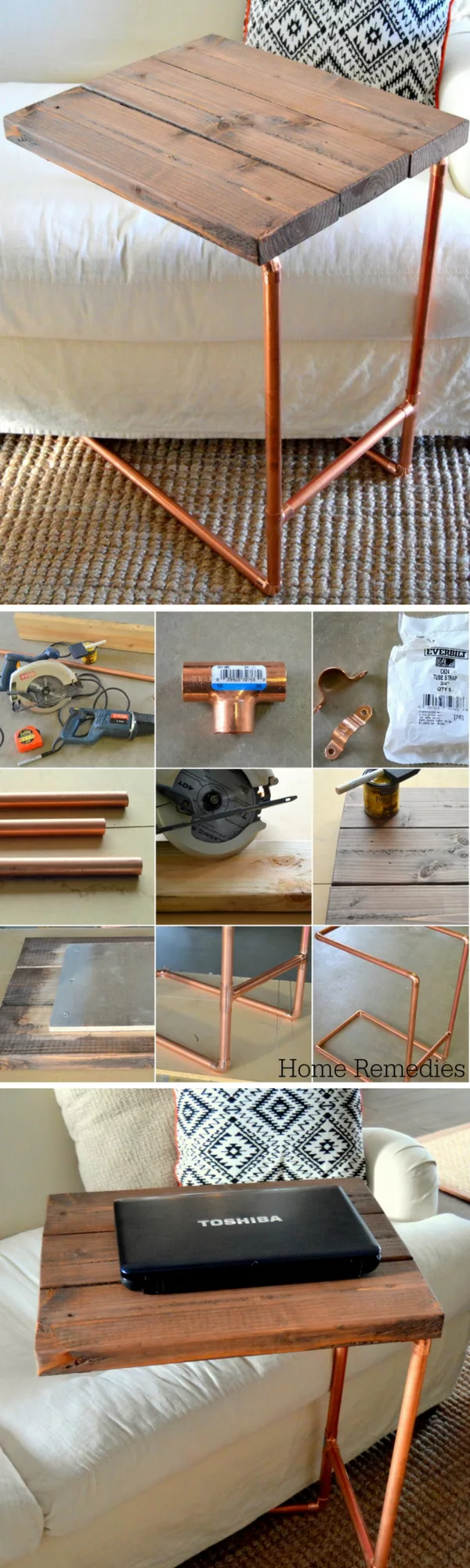 18 Easy DIY Sofa Side Tables You Can Build on a Budget - Check out the tutorial how make a DIY a metal pipe laptop sofa side table