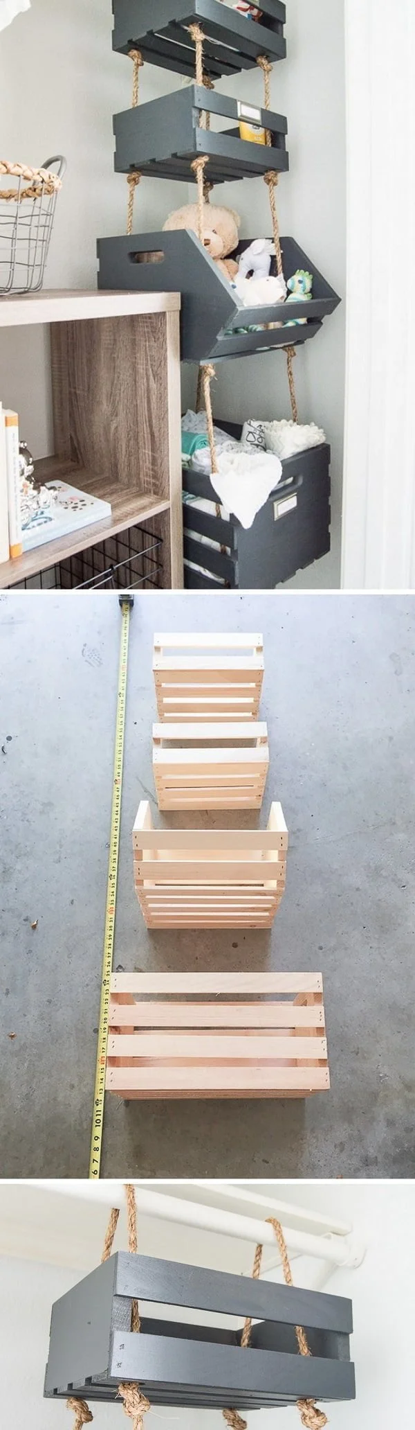 Check out the tutorial how to make DIY hanging closet crate shelves