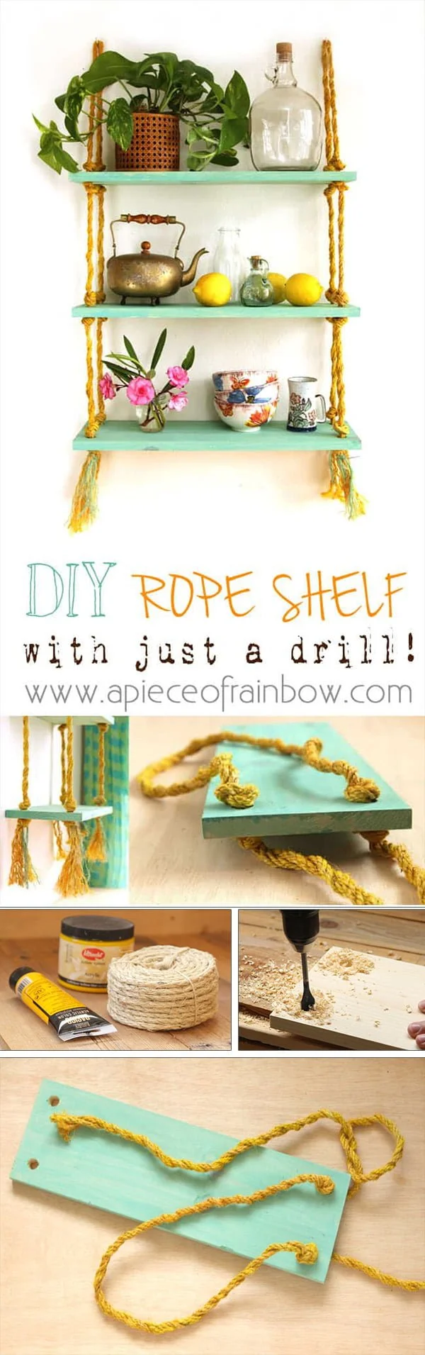 Check out the tutorial how to make an easy DIY hanging rope shelf