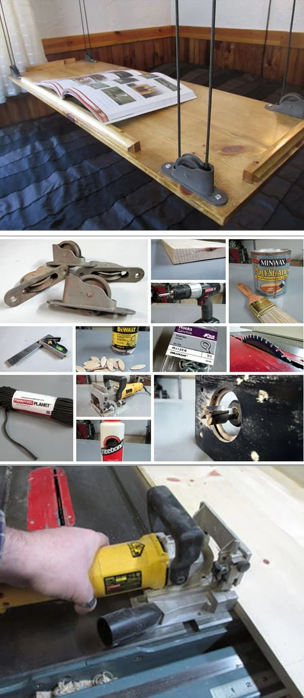 Check out the tutorial how to make a DIY pulley hanging table
