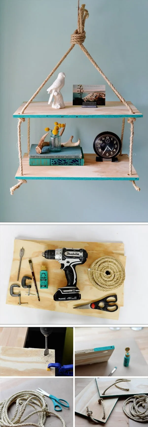 Check out the tutorial how to make a DIY hanging rope shelf