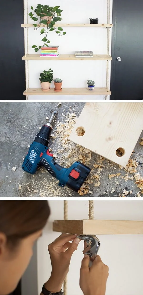Check out the tutorial how to make DIY hanging rope shelves